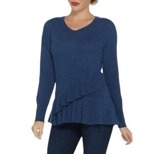 Isaac Mizrahi 2-Ply Cashmere Sweater Peplum Ruffle V-neck Long Sleeve Blue Small